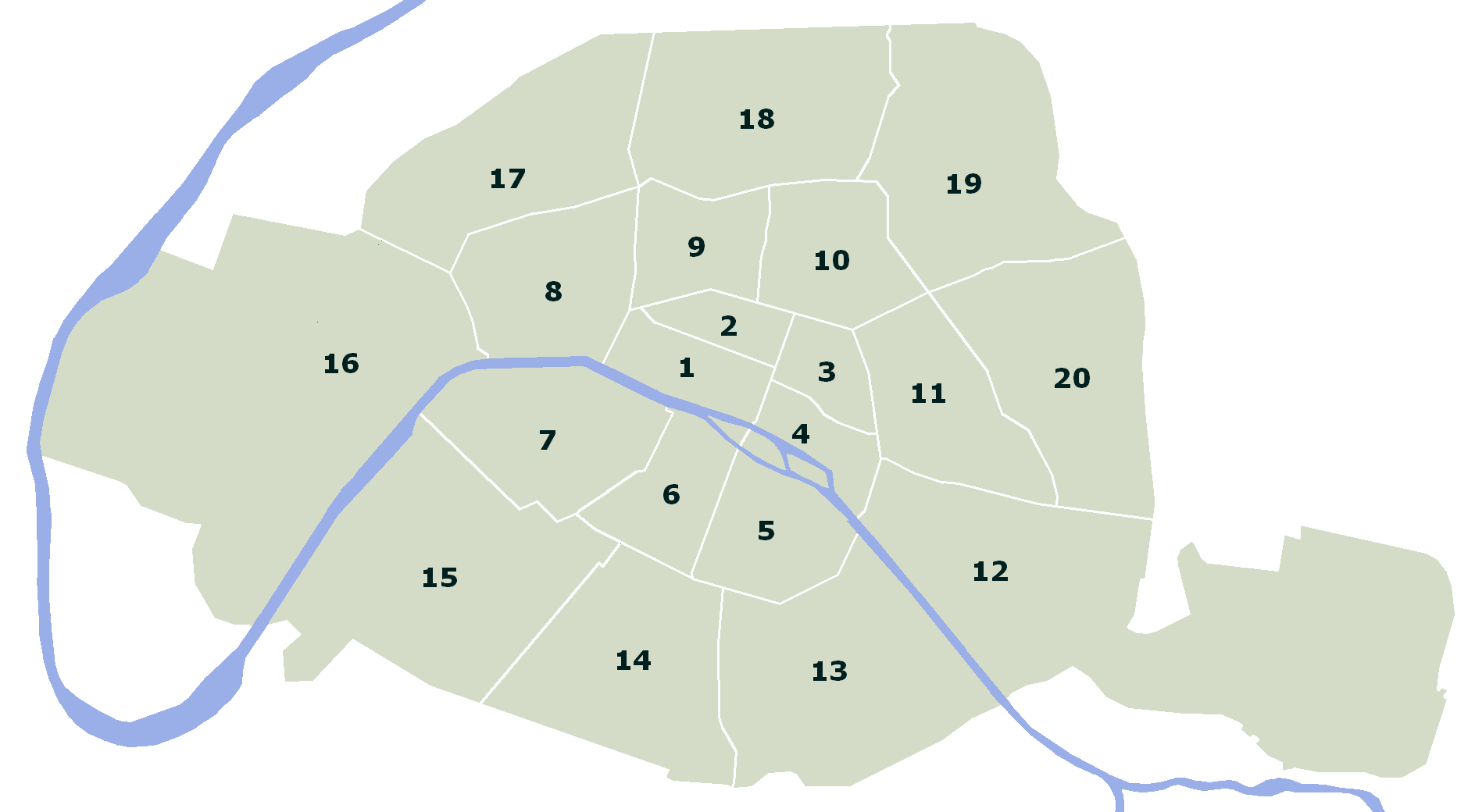 Paris with the arrondissements labelled with a number