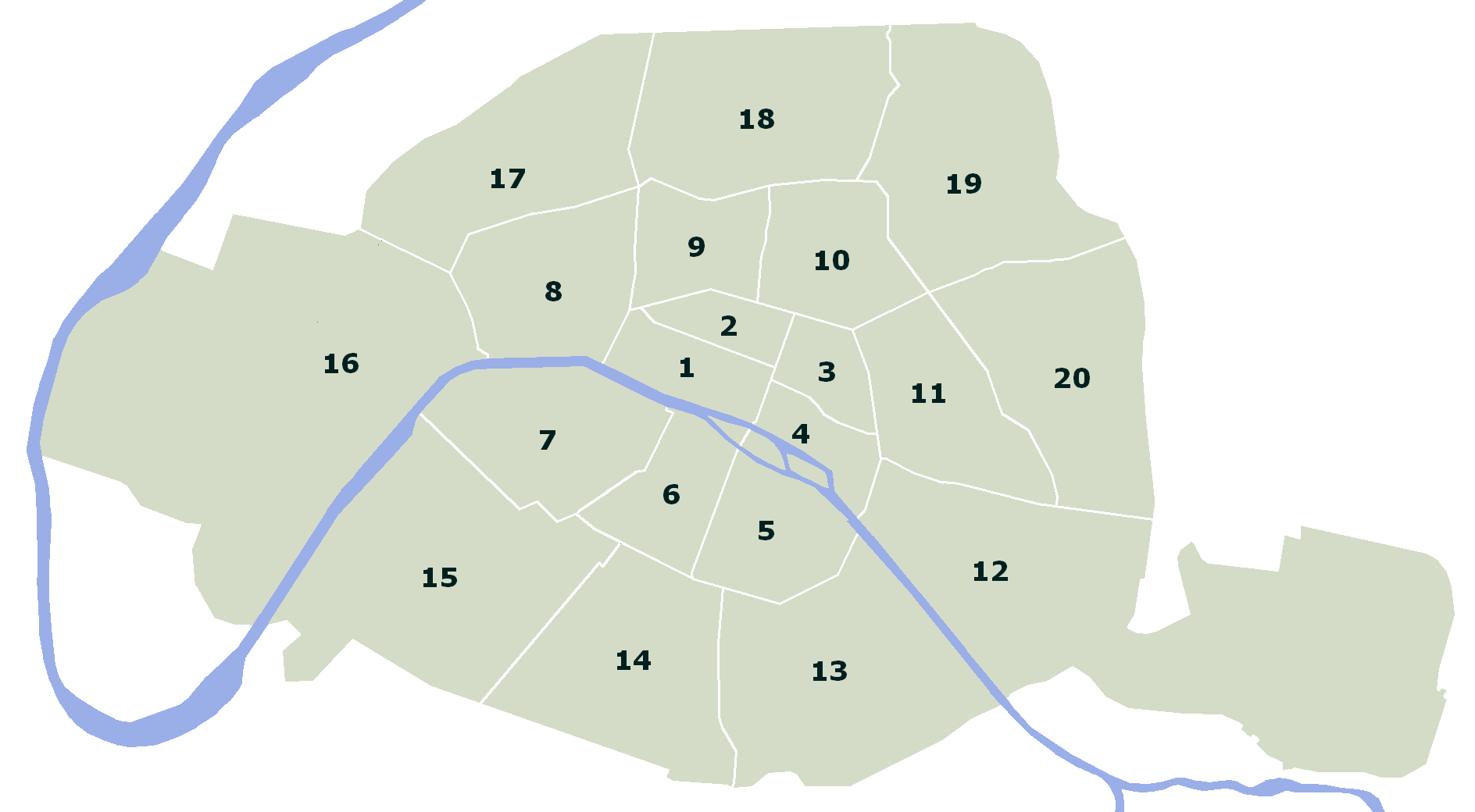 Paris with the arrondissements labelled with a number