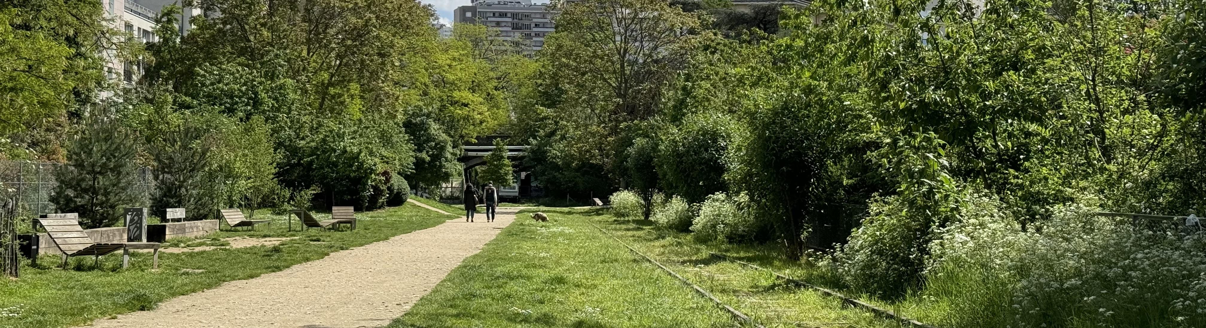 La Petite Ceinture, an old train track which has grass growing up through it. There are two people walking a dog in the distance