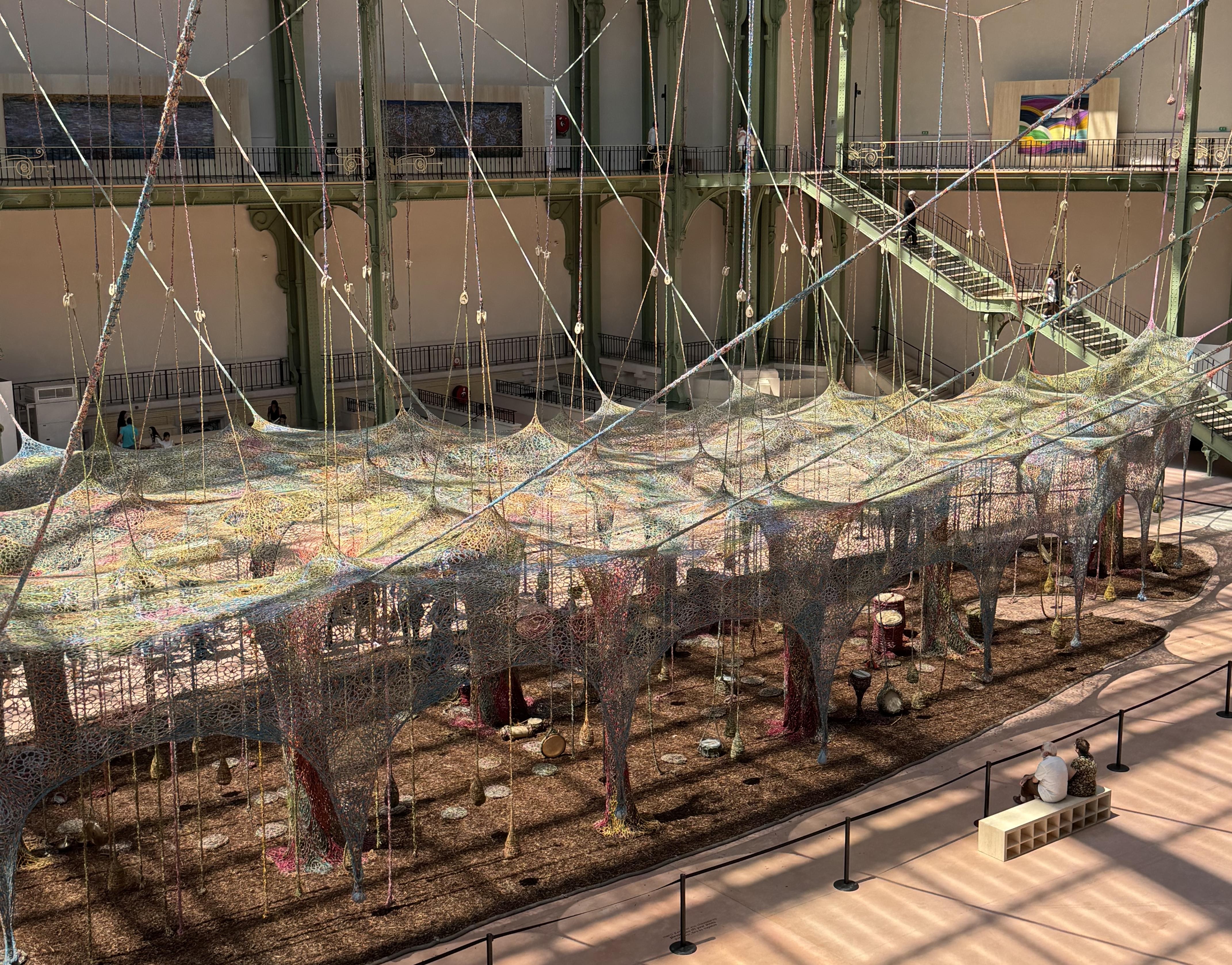 the exhibition as seen from the balcony. A mostly oval shape on the ground covered in bark. Above, there is crocheted fabric that is attached to the ceiling