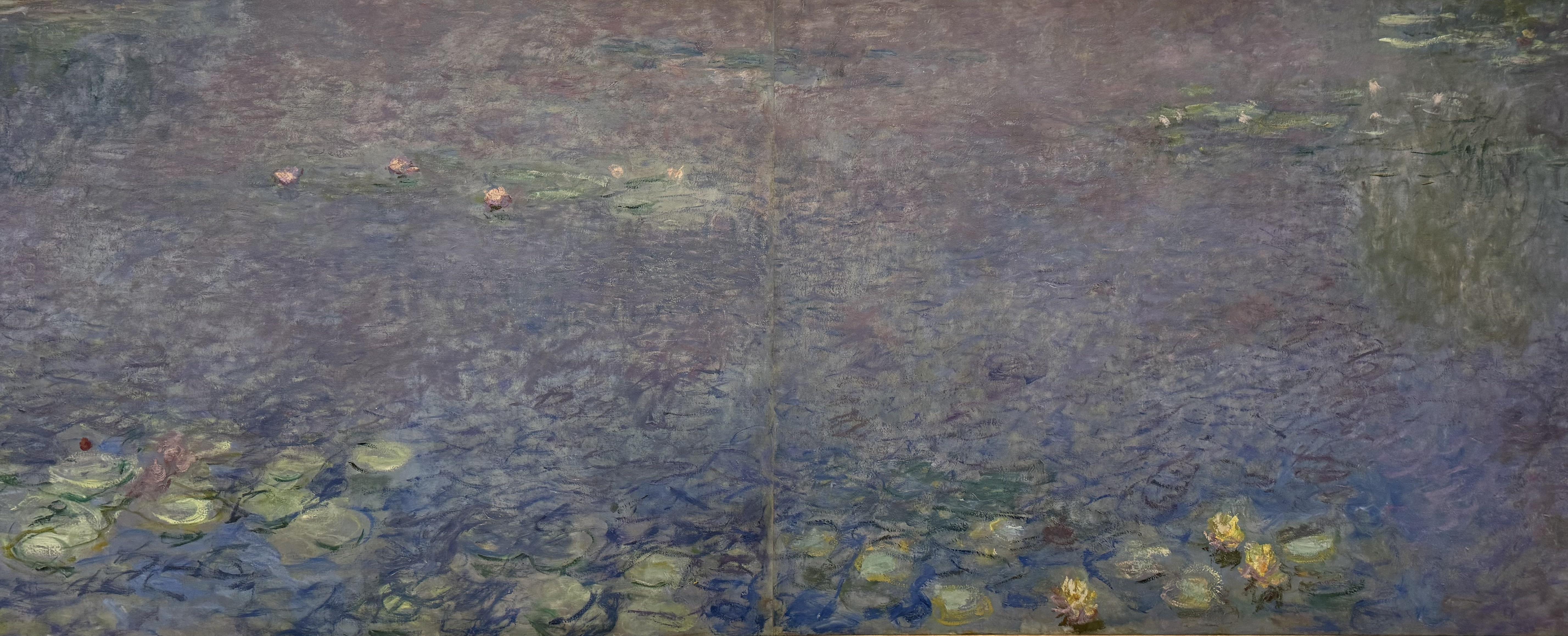 Monet's water lily painting. A deep purple colour, with some lily pads on the bottom