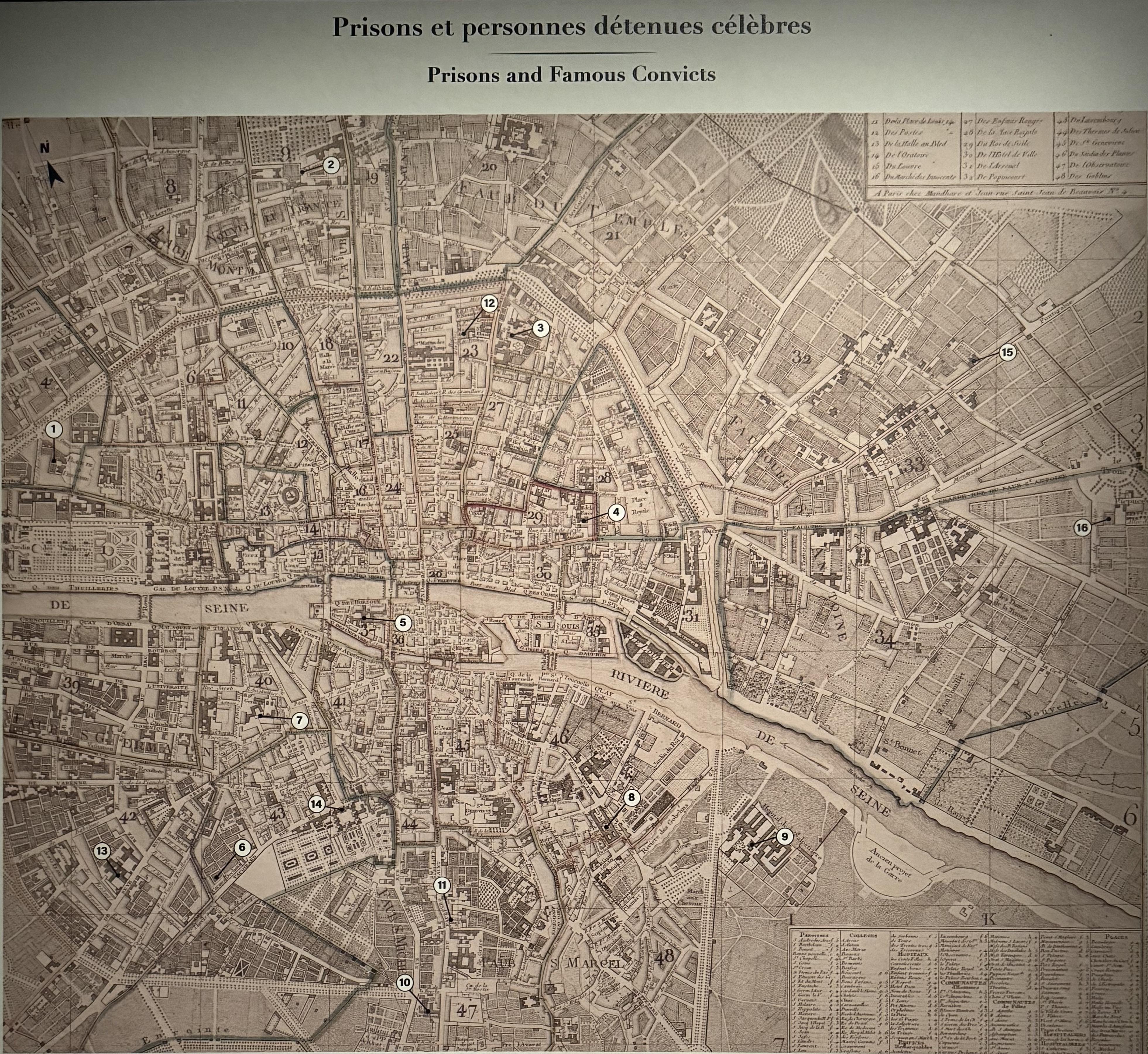 a map of Paris with different numbers that corresponds to where different prisons were