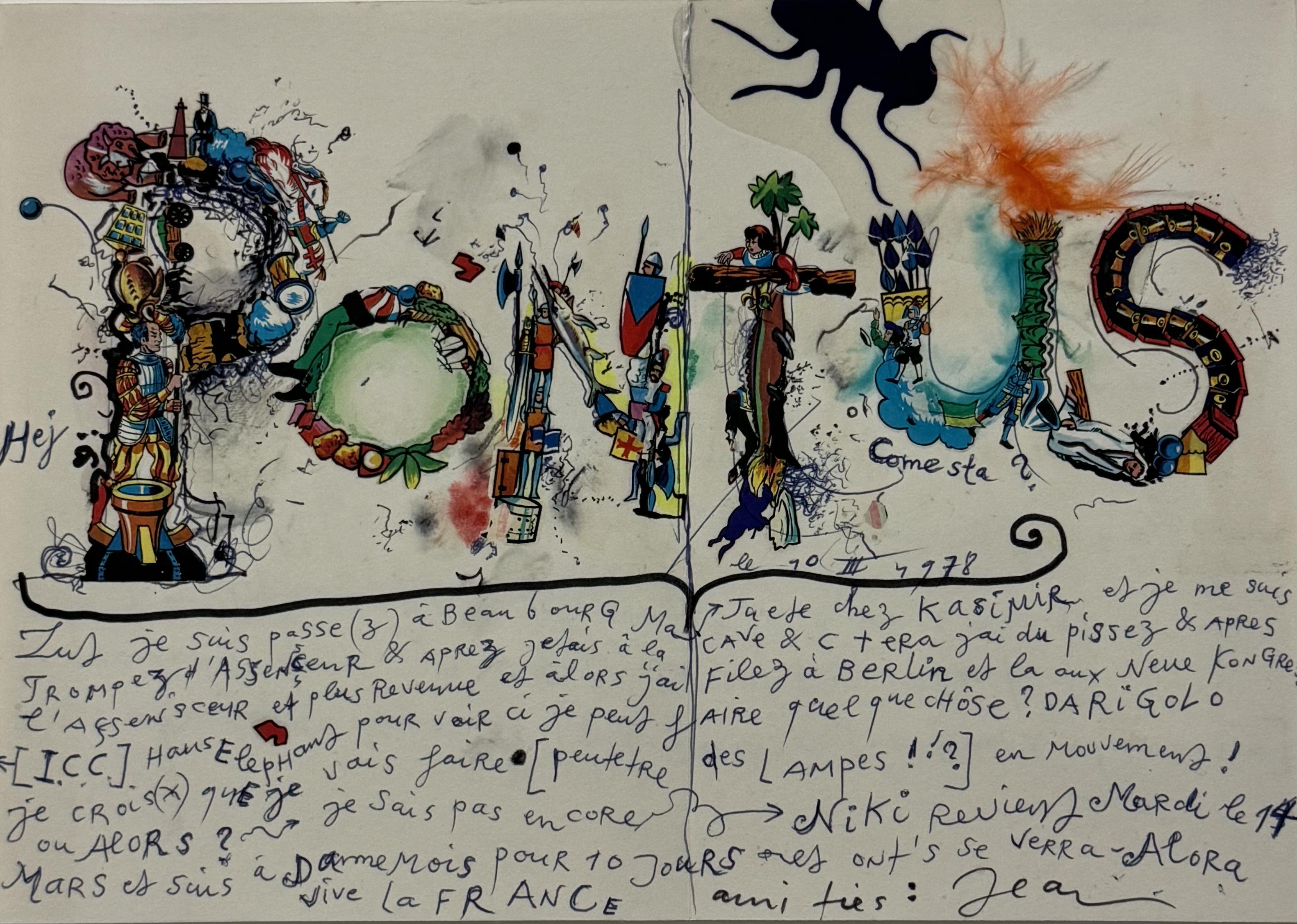 A white piece of paper with PONTUS written on the top half. The letters are each decorated with drawings and lots of colours. The bottom half contains French text