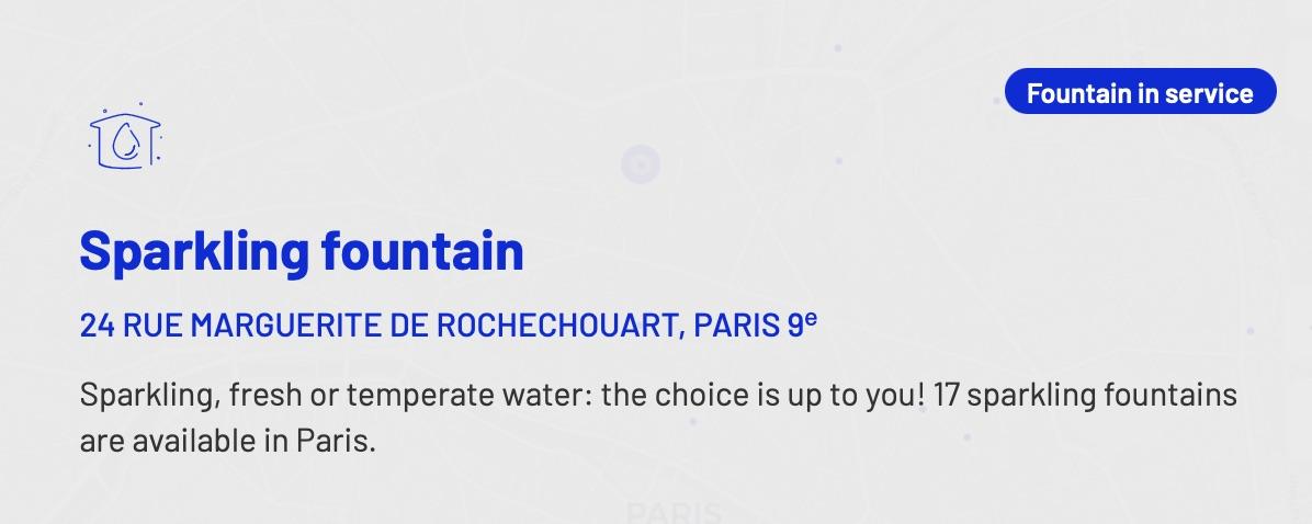 a screenshot from the eau de Paris website that highlights the location of a sparking water fountain