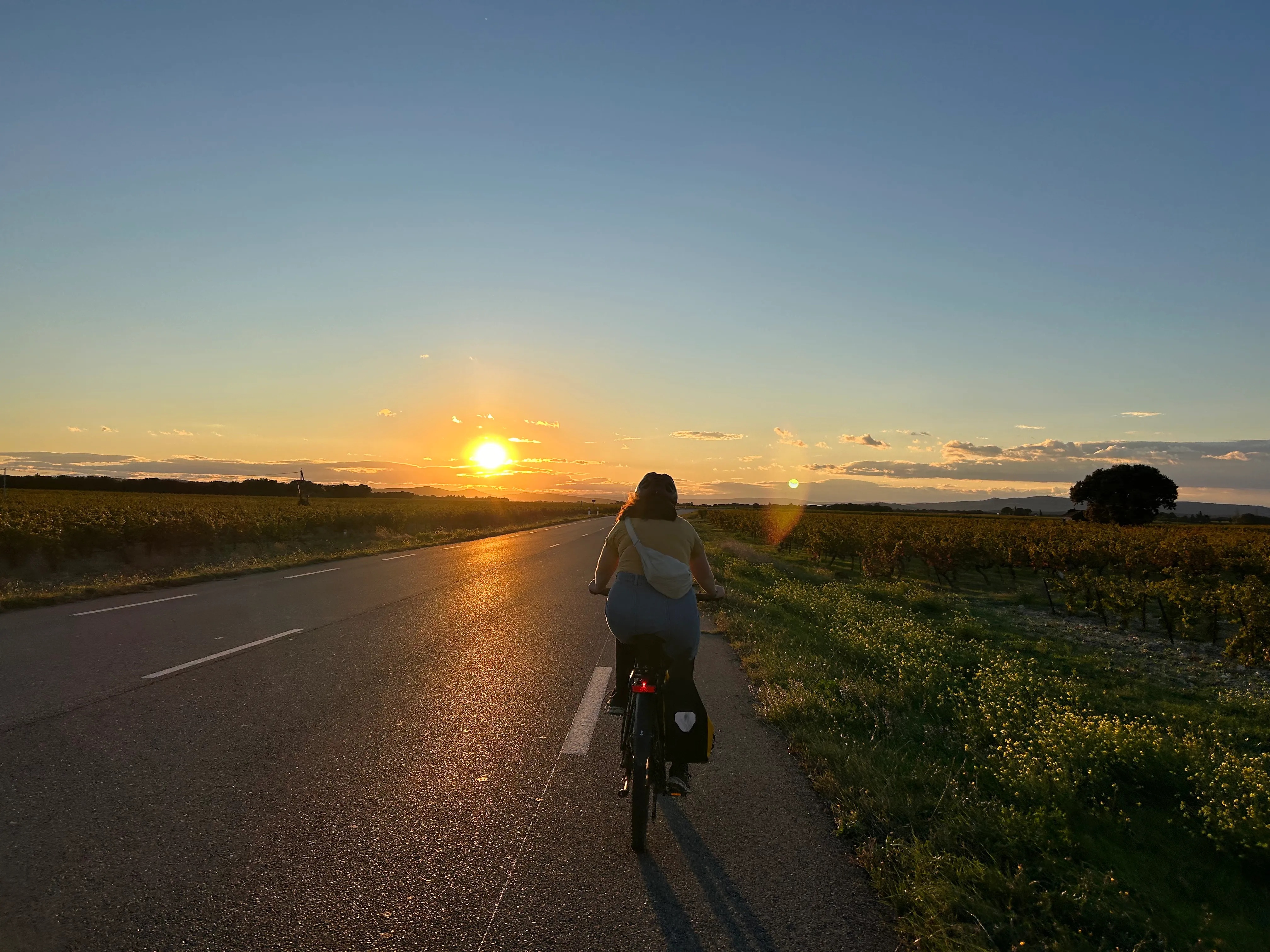 a woman cycling into the sunset