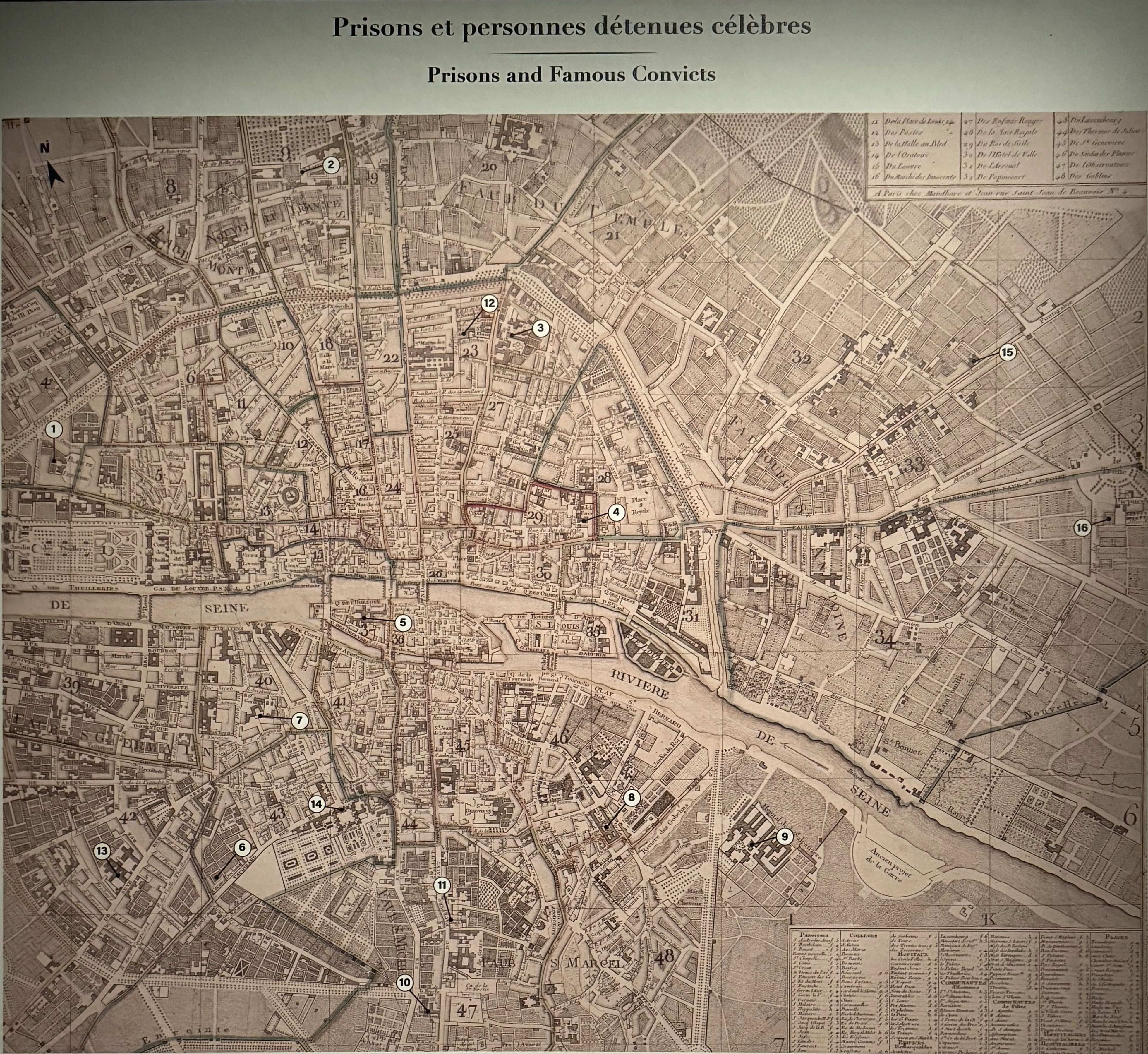 a map of Paris with different numbers that corresponds to where different prisons were