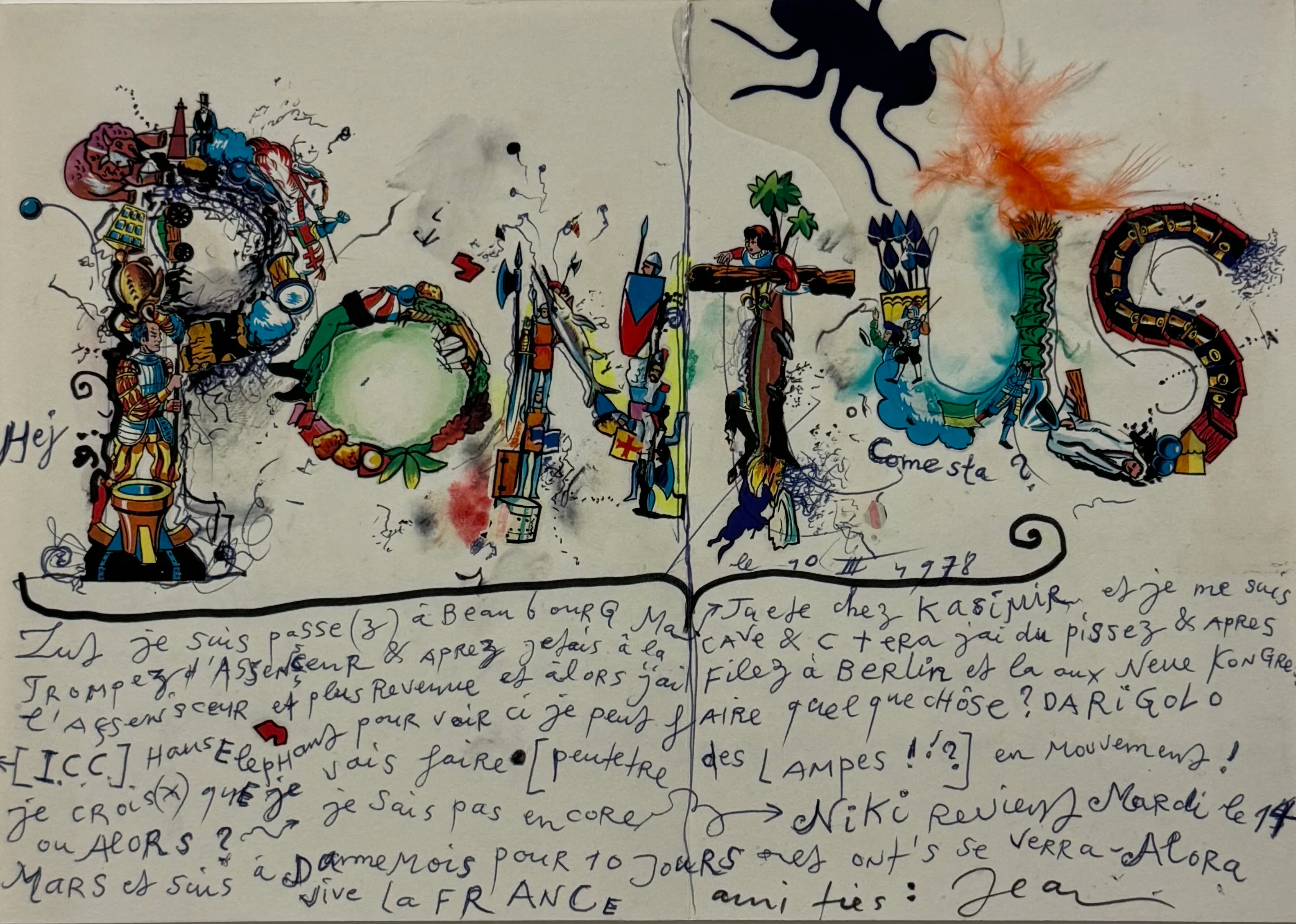 A white piece of paper with PONTUS written on the top half. The letters are each decorated with drawings and lots of colours. The bottom half contains French text